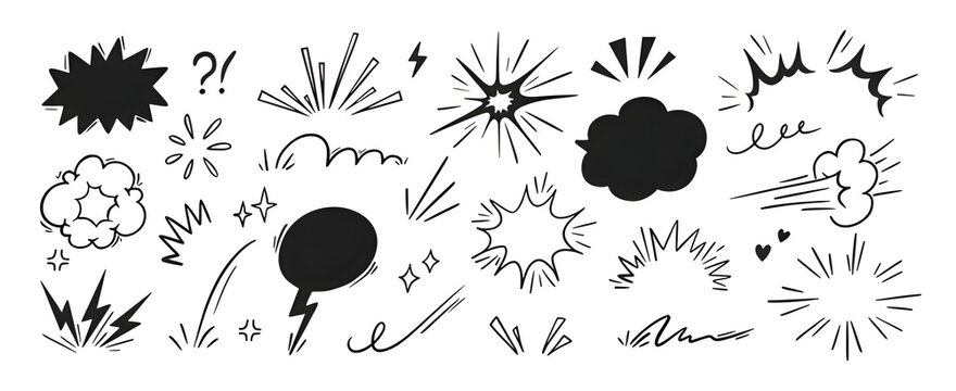 Set of hand drawn comic book style speech bubbles and explosion effects for creative graphic design drowing projects