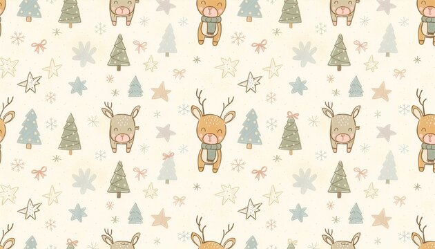 Cute cartoon reindeer fawn wearing scarf with holiday pine trees pattern