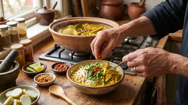 Traditional Indonesian soto ayam presented with authentic ingredients and rustic kitchen elements, representing local culinary heritage and food culture