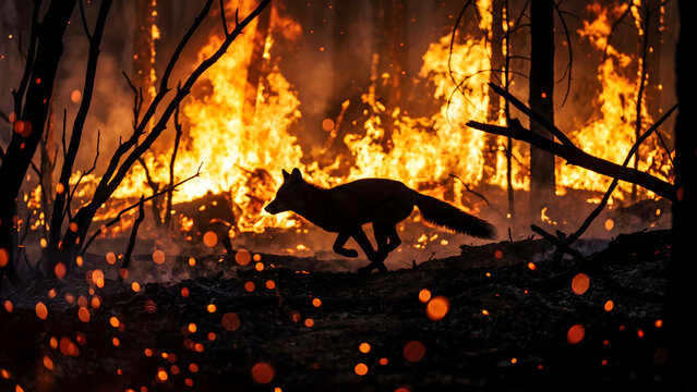 A lone fox races through the inferno of a devastating forest fire, seeking an escape from the raging flames