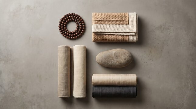 A flat lay arrangement for daily adkar featuring wooden prayer beads, natural fabrics, and a smooth zen stone