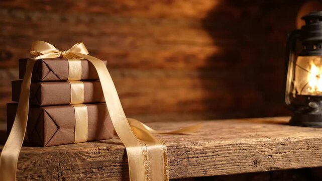 Stacked wrapped gift boxes with gold ribbon tied around them sitting on a rustic wooden surface beside a glowing vintage lantern inside a cozy cabin with empty copy space