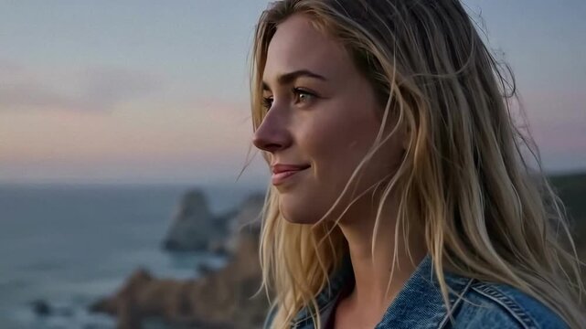Pensive young blonde woman in a denim jacket standing on a scenic coastal cliff at sunset, looking out at the ocean horizon with wind blowing through her hair, expressing peace and mindfulness.