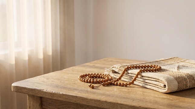 Serene adkar setting with prayer beads and a folded rug on a wooden table near a sunlit window