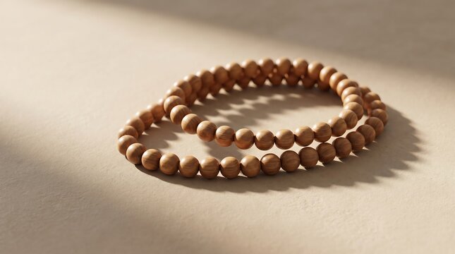 Wooden prayer beads for adkar and dhikr placed on a neutral background in soft lighting close up view