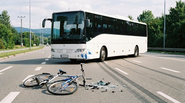 White passenger bus stopped on an asphalt road after a collision with a bicycle, showing skid marks, broken plastic debris, and a damaged front bumper on the vehicle