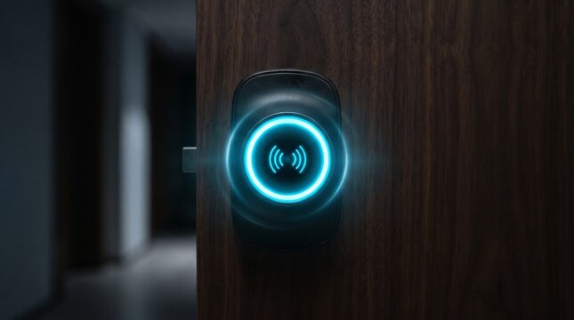 Futuristic NFC smart door lock with glowing electric cyan and ice blue contactless reader, mounted on a minimalist dark door for secure digital access.