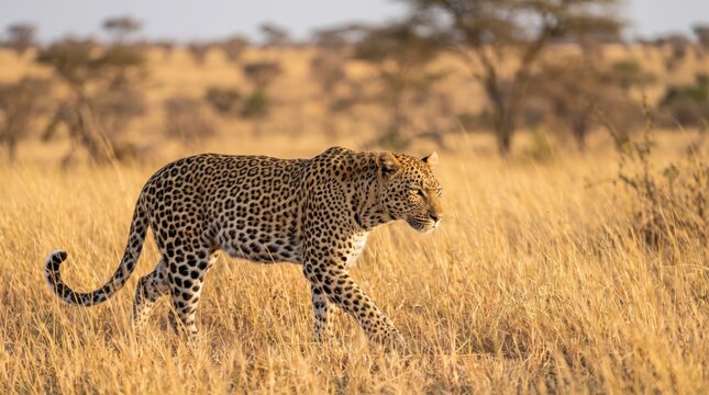 Wild leopard walking through the tall golden grass of the african savanna during sunset hour