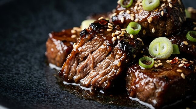 Delicious grilled beef steak cubes topped with sesame seeds and green onions on a dark stone plate. mongolian beef