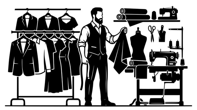 Tailor holding suit jacket in vintage clothing workshop