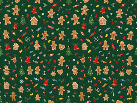 Seamless Christmas pattern with gingerbread man, pine trees, and holiday decorations on dark green background