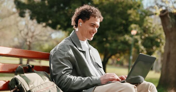 Elearning, smile or university student in park with laptop, exam knowledge or review of digital task. Education, typing and happy man outdoor with tech, college thesis and research for assessment.