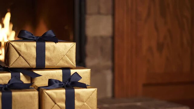 Beautiful stacked golden gift boxes with dark blue ribbons sitting on a warm fireplace hearth with glowing fire and wooden background offering festive copy space
