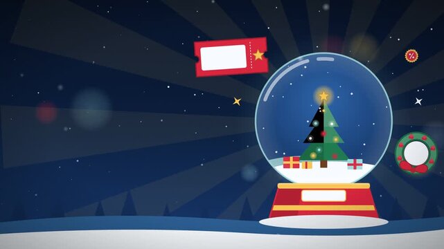 Christmas snow globe with a decorated tree on a dark blue winter starburst background.