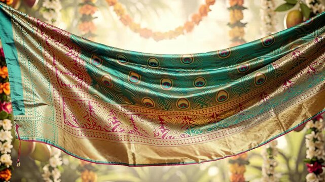 Waving traditional green and magenta silk fabric with gold zari border and peacock feather patterns during cultural spring celebration
