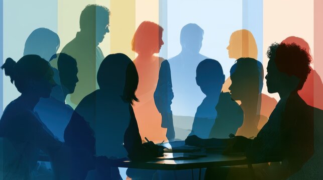 Transparent layered silhouettes of diverse teachers and students in a learning environment