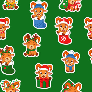 Cute Christmas Goat Characters Set of Seamless Holiday Patterns