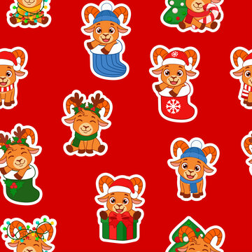 Cute Christmas Goat Characters Set of Seamless Holiday Patterns
