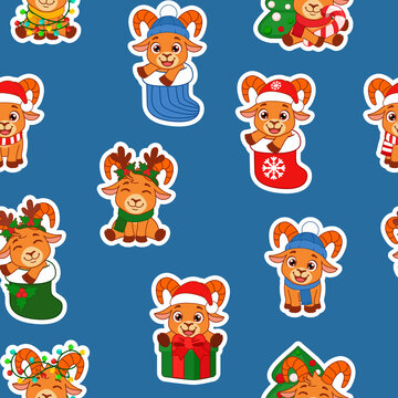 Cute Christmas Goat Characters Set of Seamless Holiday Patterns