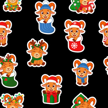 Cute Christmas Goat Characters Set of Seamless Holiday Patterns