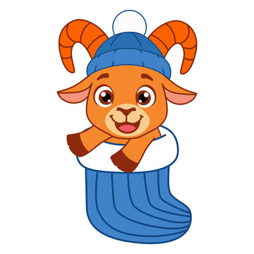 Cute Christmas Goat in Blue Stocking with Winter Hat