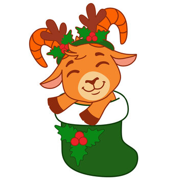 Cute Christmas Goat in Green Stocking with Reindeer Antlers