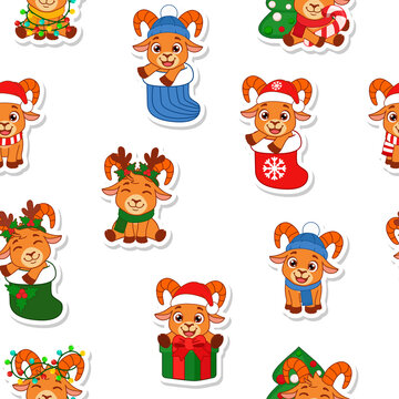 Cute Christmas Goat Characters Seamless Holiday Pattern