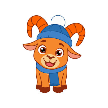 Cute Christmas Goat Wearing Blue Winter Hat and Scarf