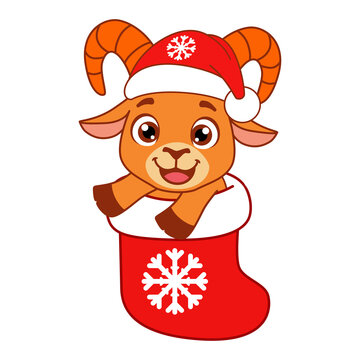 Cute Christmas Goat in Red Stocking with Santa Hat