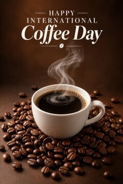Steaming coffee cup nestled among roasted beans celebrating International Coffee Day with warm inviting light