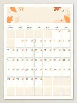 Autumn Monthly Calendar Planner Template with Autumn Leaves Vector Illustration