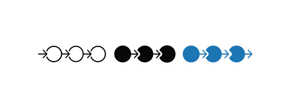 Set of three process flow diagrams with circles and arrows in outline, solid black, and blue styles