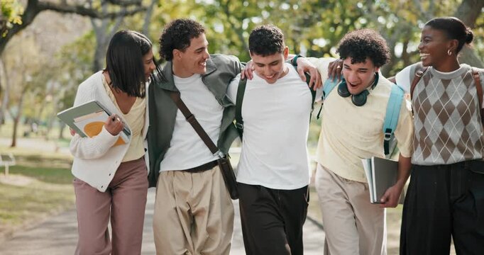 Happy, friends or university student in park with walk, group hug or connection in higher education. Diversity, laughing or people with embrace, peer bonding or college support in study opportunity.