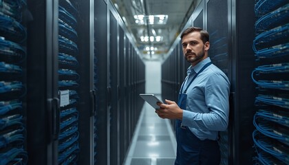 Fototapeta premium IT Network Engineer Holding Tablet in Modern Data Center Server Room Corridor