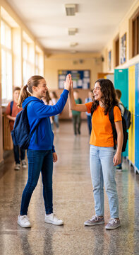 Two teenage girls giving high five in school hallway, wearing backpacks and smiling at each other. Education, friendship, student life, youth.
