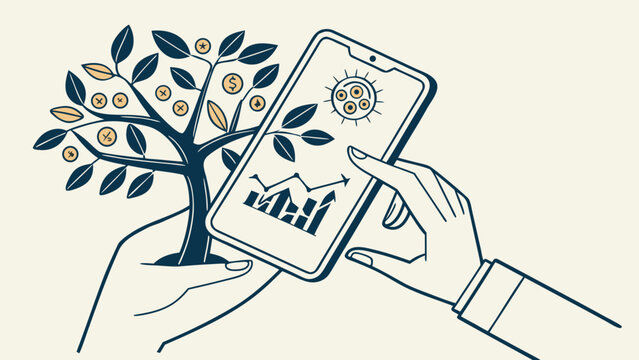 Hands using smartphone with financial analytics and growing plant symbolizing digital investment, fintech, sustainable growth and mobile business technology