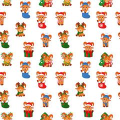 Obraz premium Seamless pattern with small cute Christmas goats isolated on transparent background