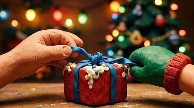 Claymation Hands Untying Christmas Present Box Close Up