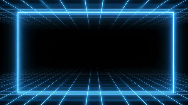 Glowing neon rectangles in a digital grid tunnel with atmospheric depth and cinematic motion
