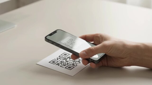 Person scanning a QR code with a smartphone on a table.