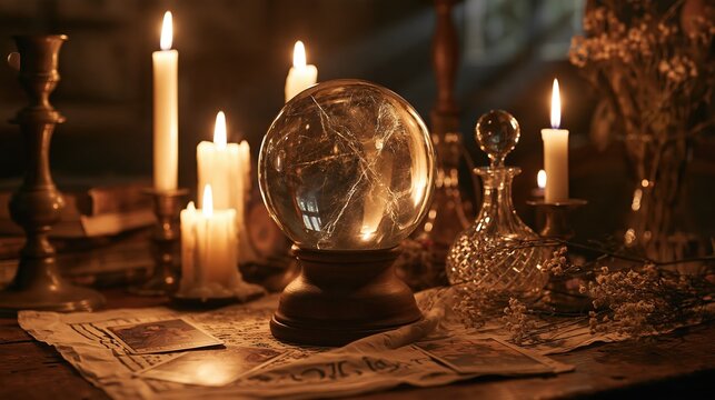 Antique crystal ball on a wooden stand surrounded by glowing candles and vintage tarot cards