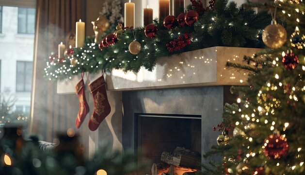 Elegant Christmas Tree with Candles and Gifts in Cozy Holiday Interior, Festive Home Decoration with Fireplace, Lights, Ornaments and Presents for Winter Celebration