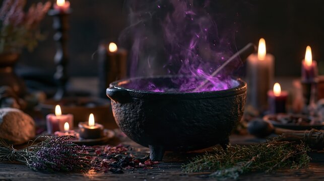 A mystical black iron cauldron bubbling with luminous purple magic mist and glowing candle light