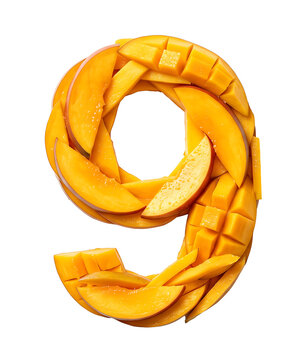 Number nine shape made from fresh ripe mango slices and cubes PNG Isolated on transparent background