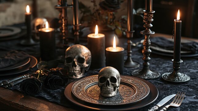 Elegant Halloween table setting with black candles and silver skulls for a gothic dinner party