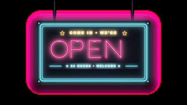 Neon OPEN Sign Flicker-On with warm pink tube glow, hanging chain and a subtle electric buzz flicker