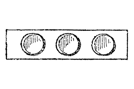 Ornament bezants, three textured circles with inner diagonal lines in a horizontal frame, old vintage illustration, 1897