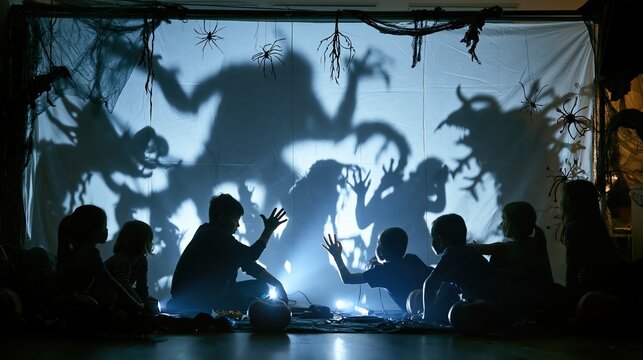 Group of children creating spooky shadow puppets on a white sheet for a fun Halloween activity