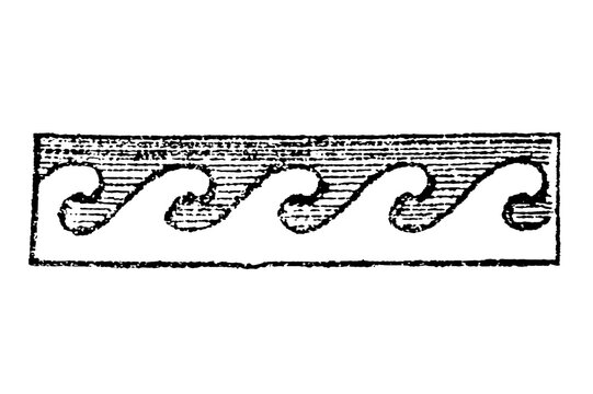 Waves ornament, repetitive wave pattern with volute curls in a rectangular border, old vintage illustration, 1897