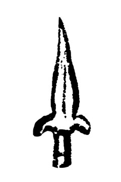Angon, Frankish throwing spear with a barbed head and curved guard, shown as a black silhouette, old vintage illustration, 1897